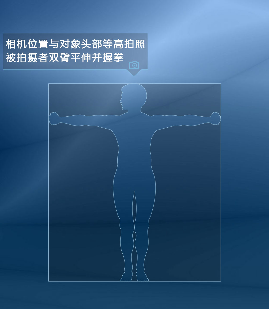 拍摄示意：相机与头部等高，被拍摄者双臂平伸并握拳